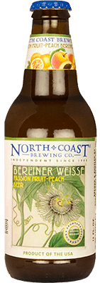 Picture of Berliner Weisse in a brown twelve ounce bottle. The bottle label is light in color and features blue and yellow print. The label also has a picture of a passion fruit flower.