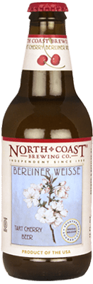 A picture of our Tart Cherry Berliner Weisse in a 12oz brown bottle