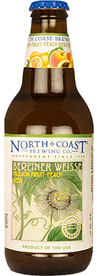 Picture of Berliner Weisse in a brown twelve ounce bottle. The bottle label is light in color and features blue and yellow print. The label also has a picture of a passion fruit flower.