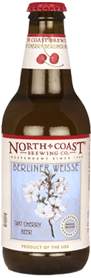 A picture of our Tart Cherry Berliner Weisse in a 12oz brown bottle