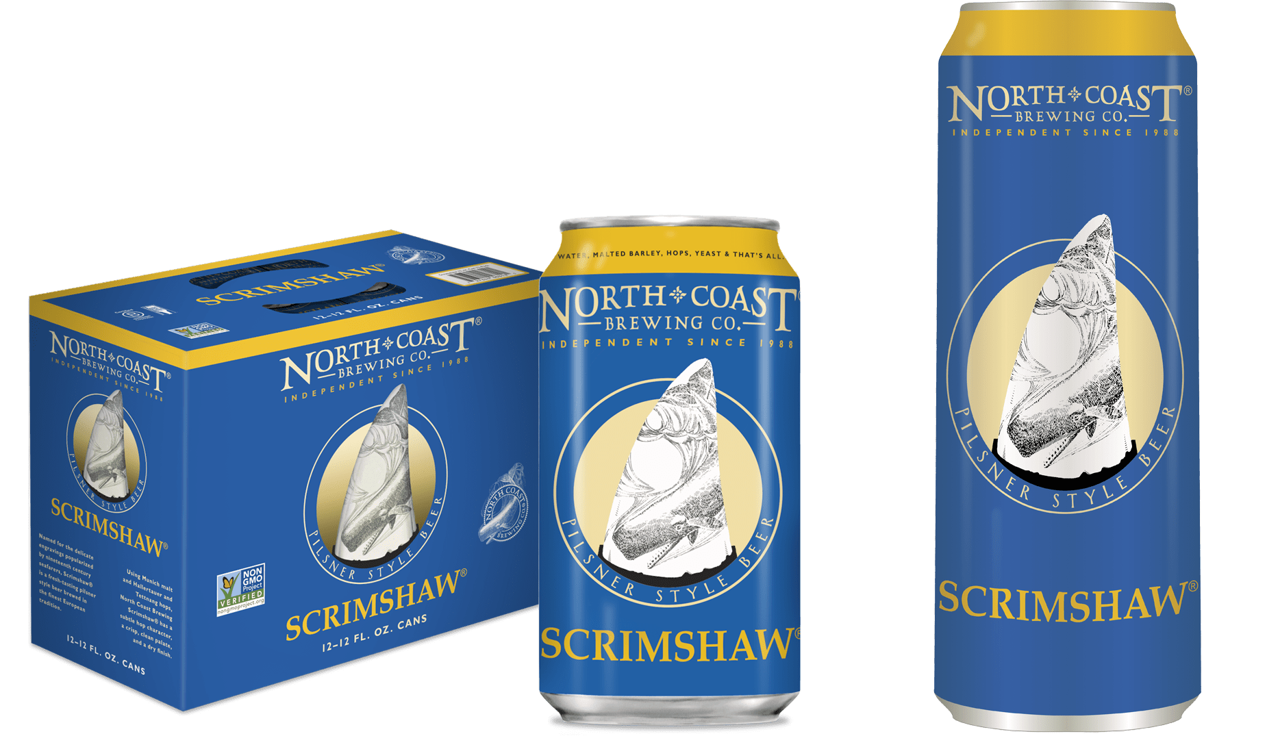 Scrimshaw Pilsner available in 12oz, 16oz and 19.2oz cans
