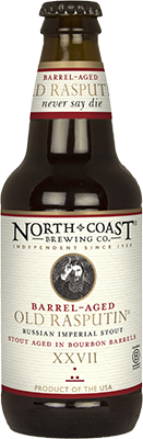 A twelve ounce bottle of Barrel Aged Old Rasputin XXVII