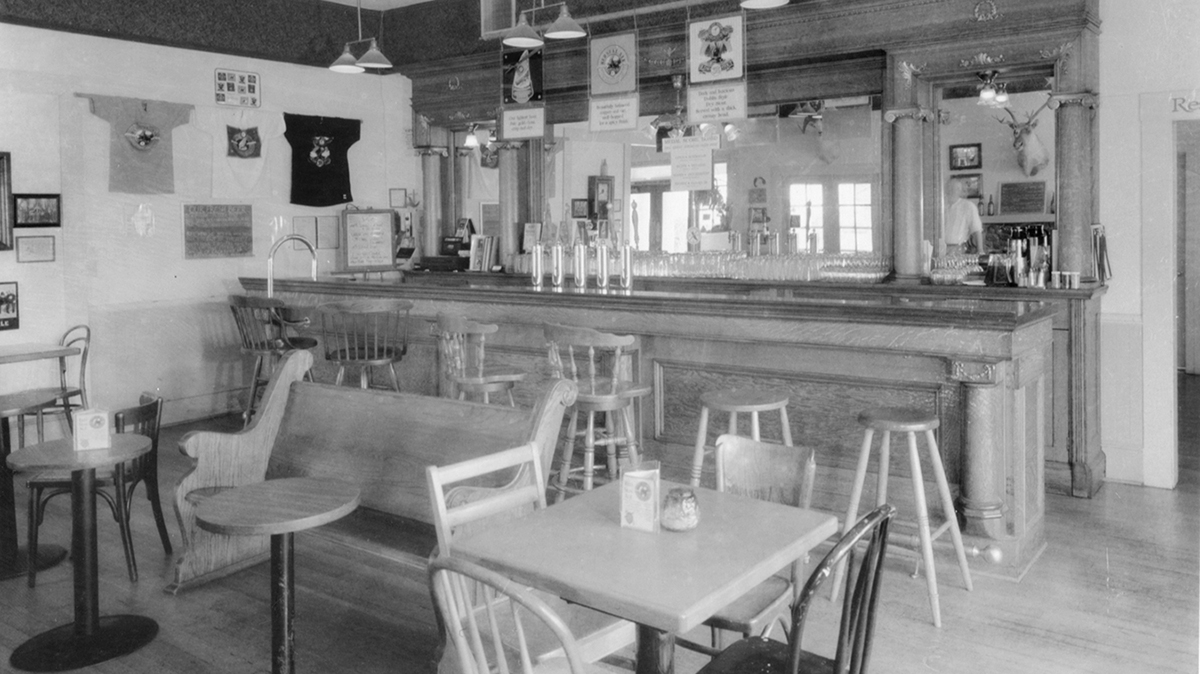 Interior of the Pub bar area on opening day, 1988