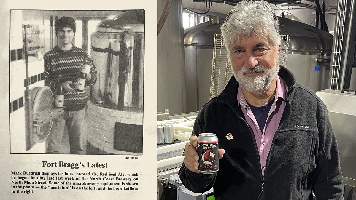 Newspaper clipping from the early days of the Pub showing Mark Ruedrich with Red Seal Ale bottles, and Mark Ruedrich in 2025 with a Red Seal Ale can fresh off the new canning line.