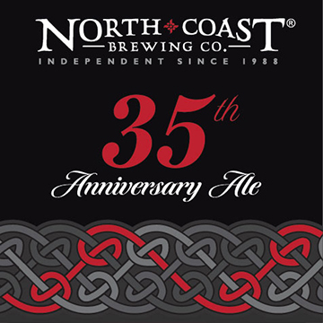 North Coast Brewing 35th Anniversary Ale label featuring a black background and 3 color Celtic knot pattern on the bottomt