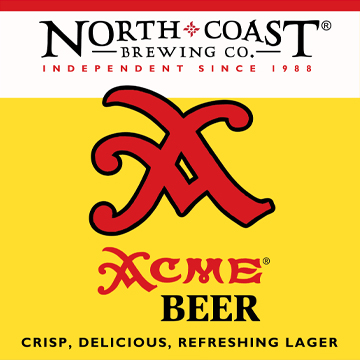 Acme Beer label featuring a Yellow background and a large red A. Crisp, Delicious, Refreshing Lager 