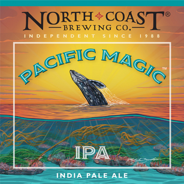 Label for Pacific Magic featuring a whale breaching the ocean in a sunset. India Pale Ale 