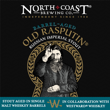 Westward Whiskey Barrel-Aged Old Rasputin label. Stout aged in single malt whiskey barrels in collaboration with Westward Whiskey
