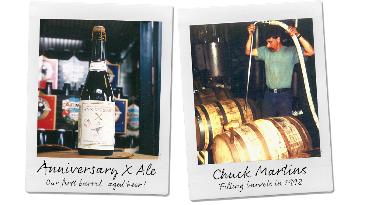 Vintage photographs of Anniversary X Ale, and ncbc Brewmaster Chuck Martins filling a barrel in 1998.