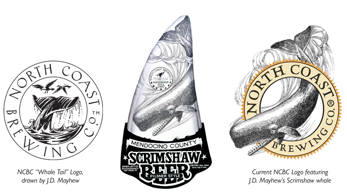 NCBC Whale Tail logo, original Scrimshaw logo, and current NCBC logo.