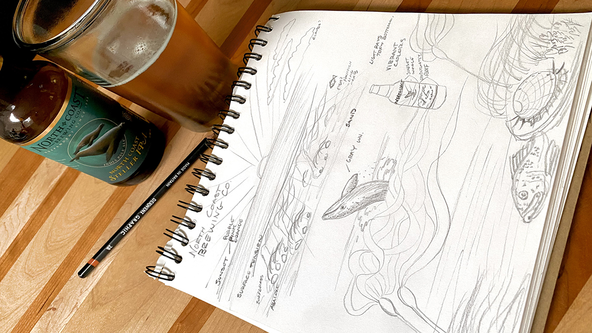 Sketch book with pencil drawing of Pacific Magic IPA beer label artwork