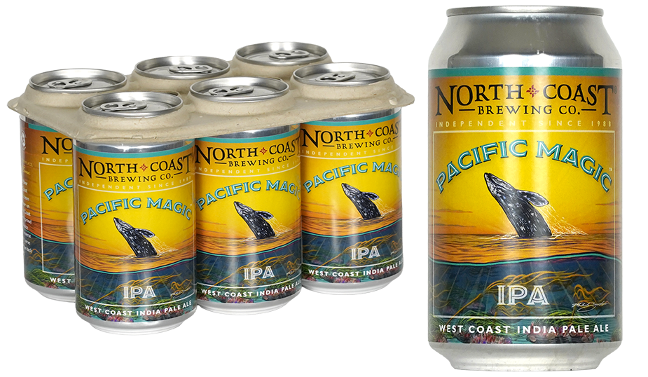 An image of Pacific Magic IPA 6 pack. The can features artwork of a whale breeching the ocean during a sunset.