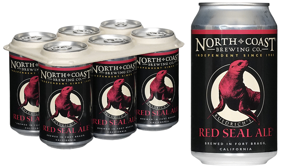 Pictured with no background is a Six pack and a single can of North Coast Brewing's Red Seal Ale.,