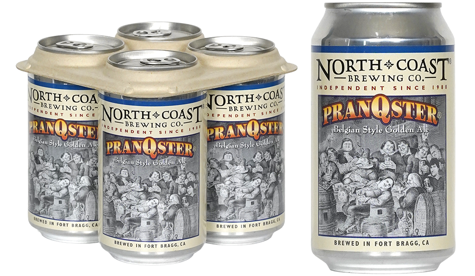 Pictured with no background is a Six pack and a single can of North Coast Brewing's PranQster Belgian Style Golden Ale.,
