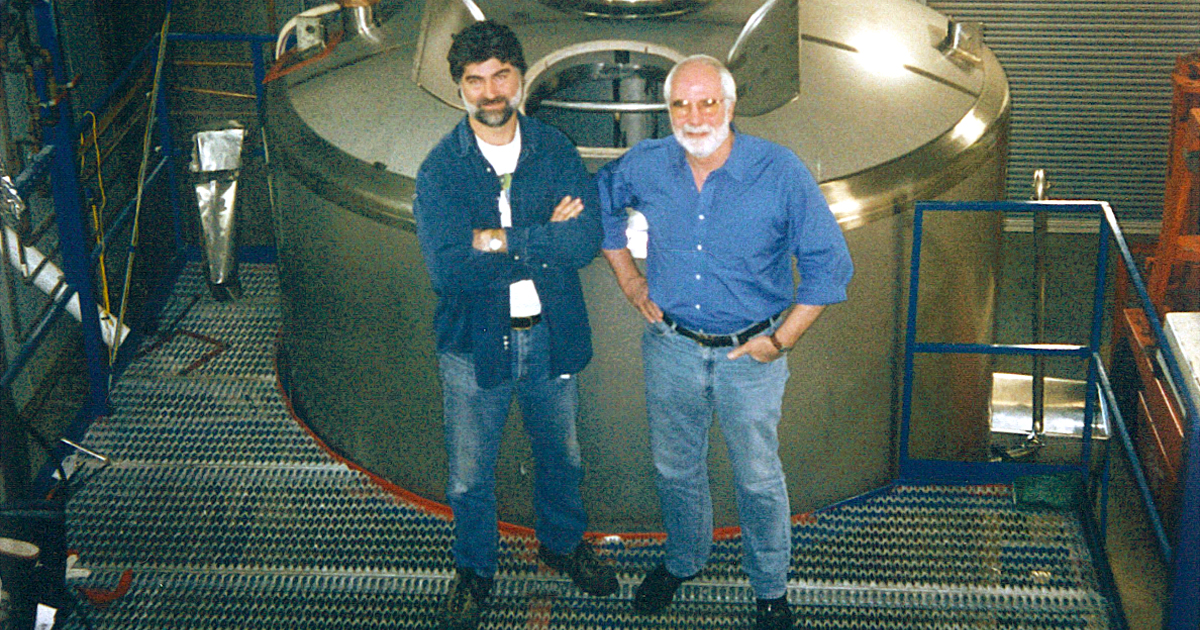 North Coast Brewing Company co-founders Mark Ruedrich and Tom Allen standing in the newly built brewhouse