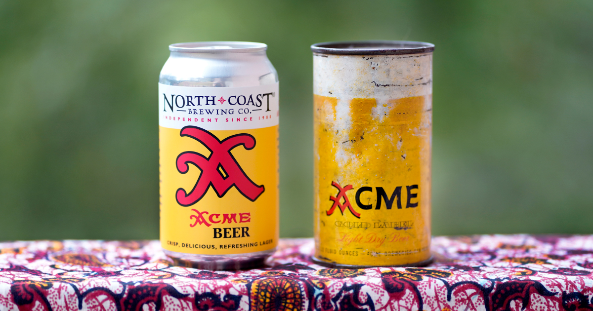 Can of North Coast Brewing Acme Beer next to the original can of Acme Beer that inspired it.