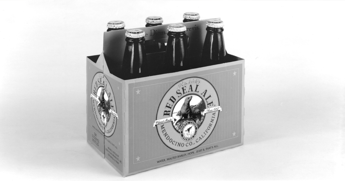 Black and white photo of an original six-pack of Red Seal Ale