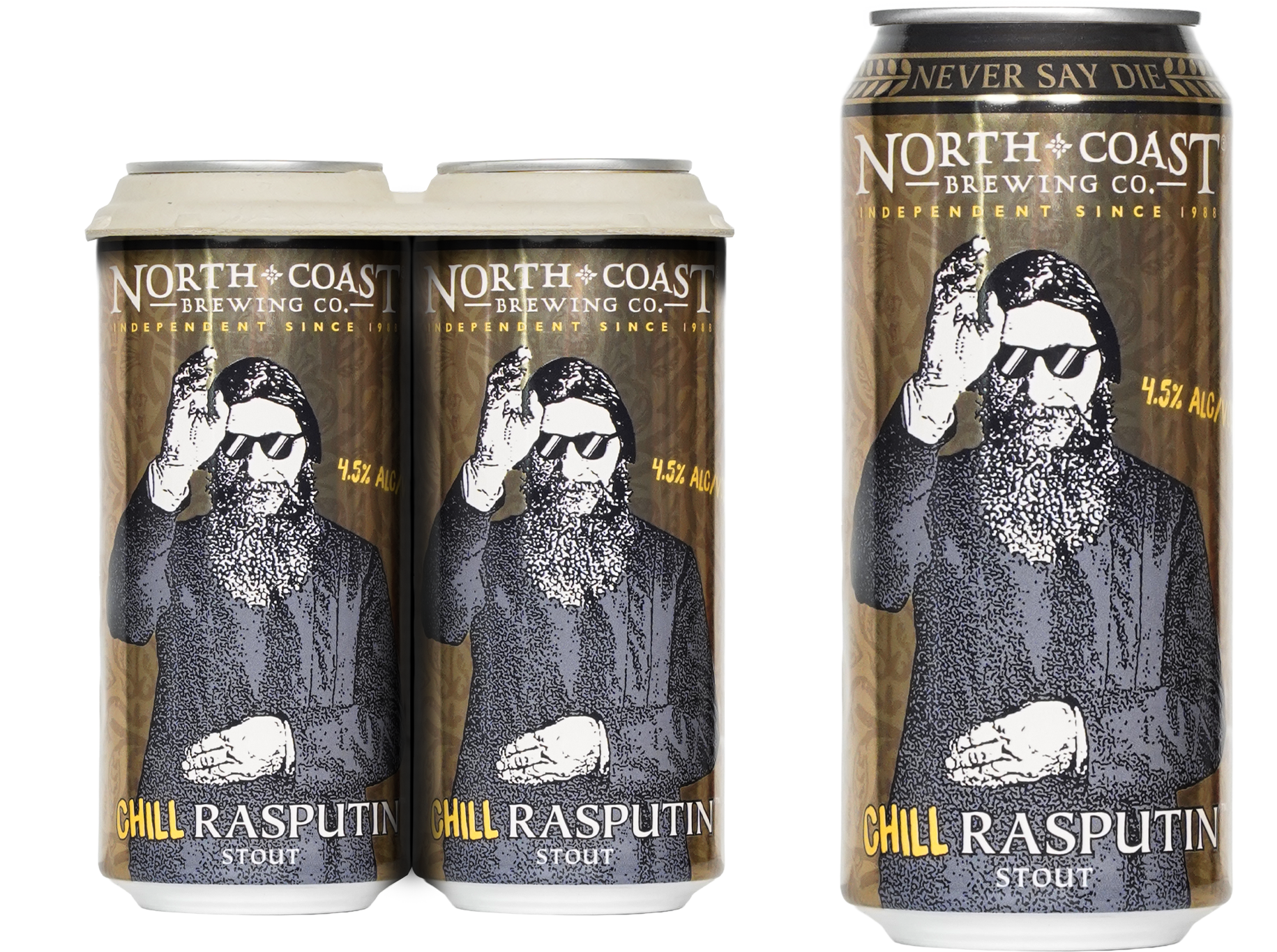 A picture a North Coast Brewing's four pack of sixteen ounce cans and one nineteen point two ounce can of Chill Rasputin. The can feature a monotonic image of Old Rasputin wearing sunglasses representing Chill Rasputin on a dark bronzish brown background. Chill is highlighted in yellow print on the can, and 4.5% ALC/VOL is also noted on the front of the can in the same yellow.