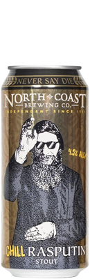 A picture of North Coast Brewing's sixteen ounce can of Chill Rasputin. The can feature a monotonic image of Old Rasputin wearing sunglasses representing Chill Rasputin on a dark bronzish brown background. Chill is highlighted in yellow print on the can, and 4.5% ALC/VOL is also noted on the front of the can in the same yellow.