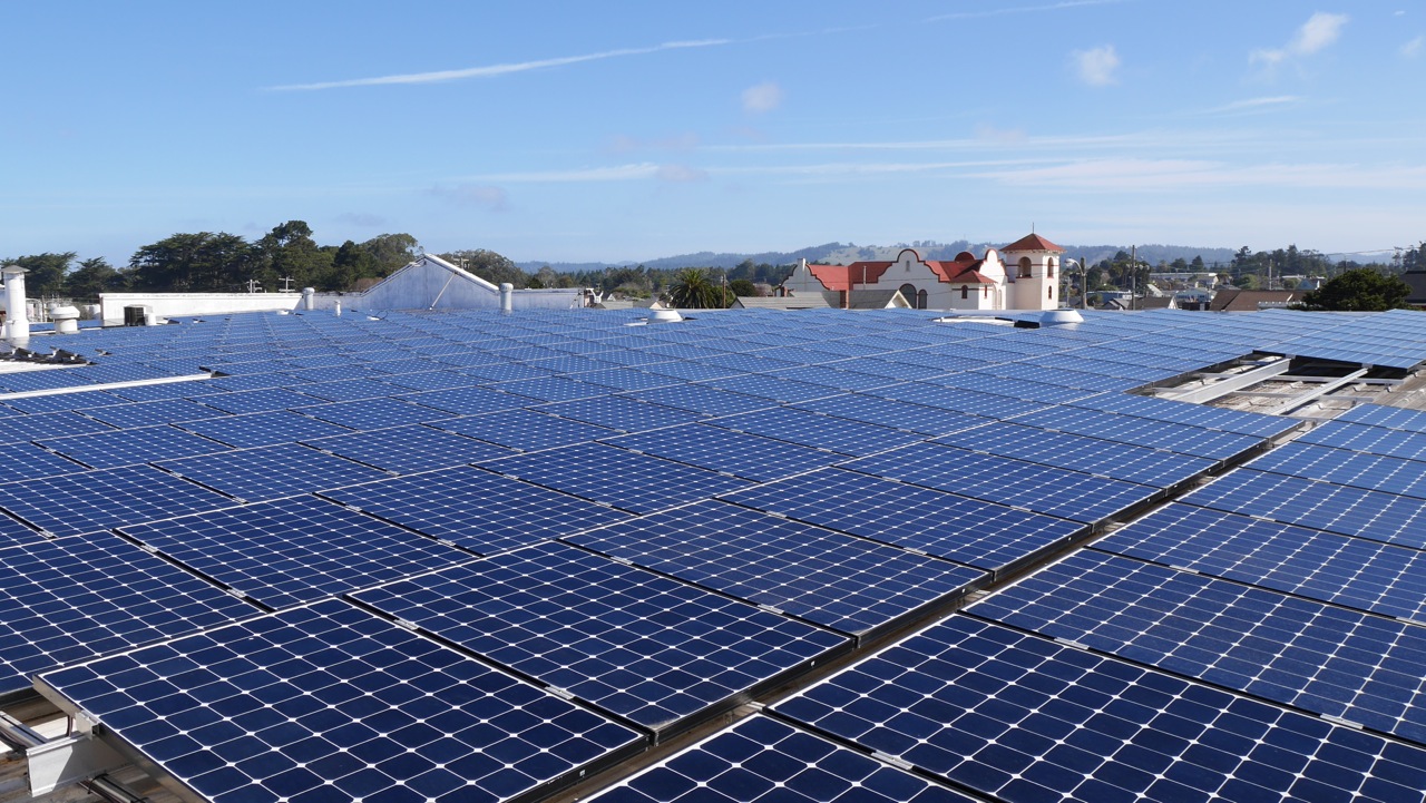 A picture of the solar panels on the roof of our brewery.
