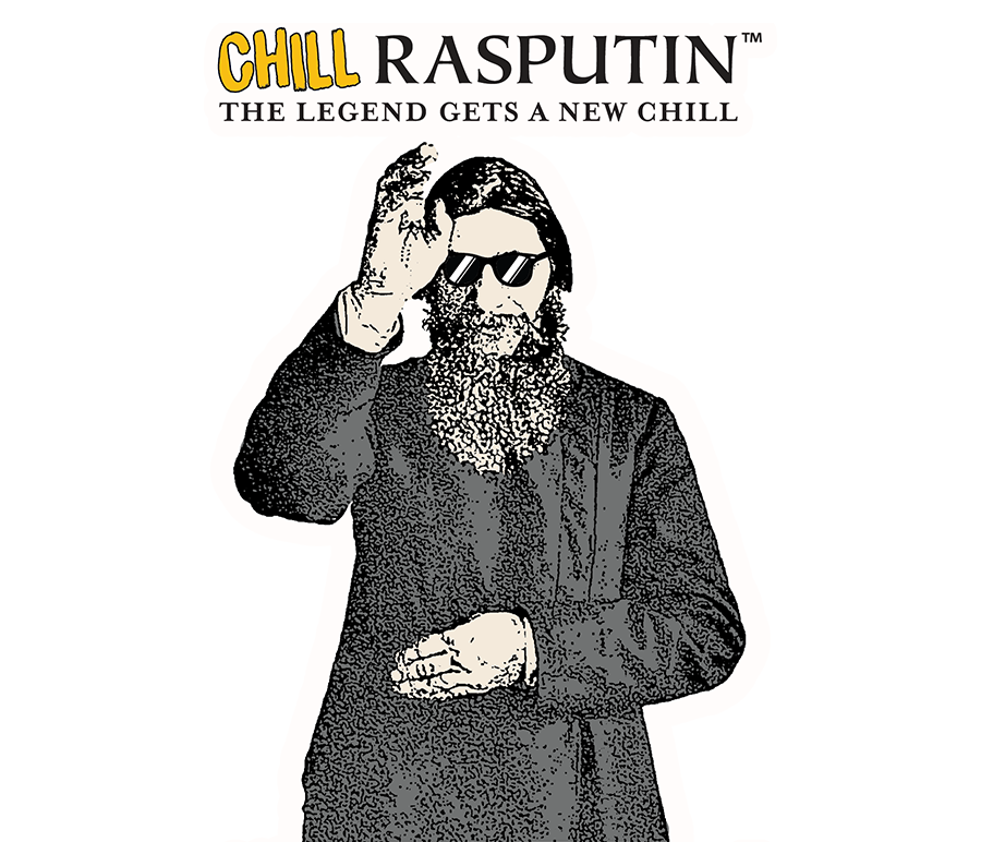 A picture of Old Rasputin Wearing Sunglasses with the Text CHILL Rasputin The lengend gets a new chill.