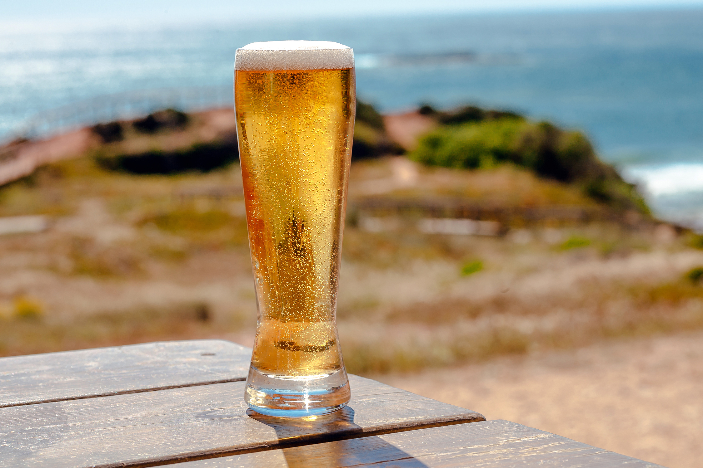 A tall glass of Grey Whale Pale Ale on a picnic table on the bluffs.